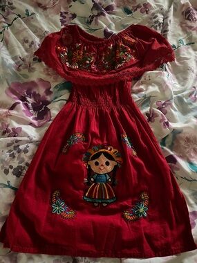 Red Embroidered Mexican-Style Dress with Doll Motif